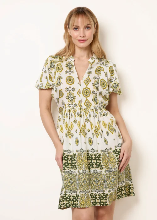 Blue Vanilla Green Abstract Print Button Front Mini Dress - S Image 2