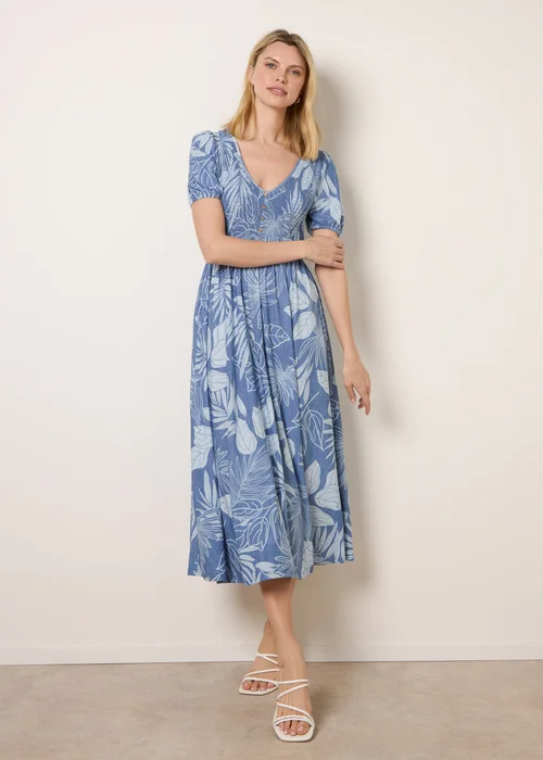 Blue Vanilla Blue Shirred Button V Neck Midi Dress - L Image 1