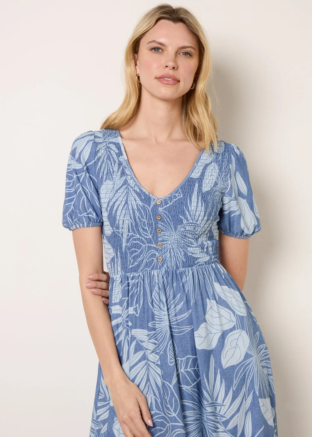 Blue Vanilla Blue Shirred Button V Neck Midi Dress - L Image 2