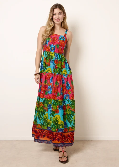 Blue Vanilla Multi Tropical Beaded Detailed Tiered Maxi Dress - S Image 1
