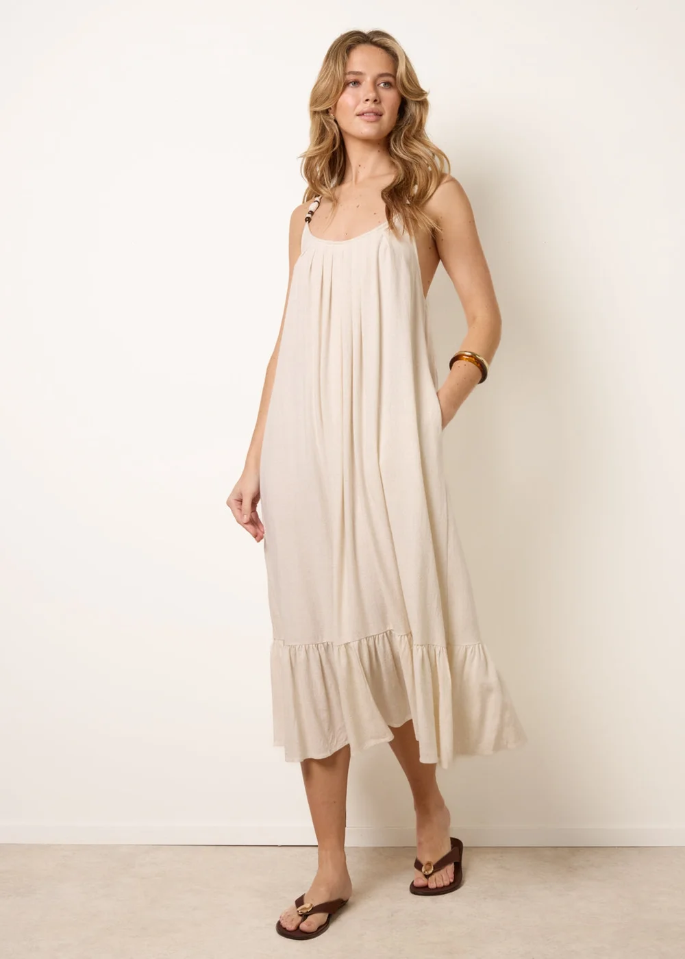 Blue Vanilla Cream Natural Textured Dress With Bead Details - One Size Image 1