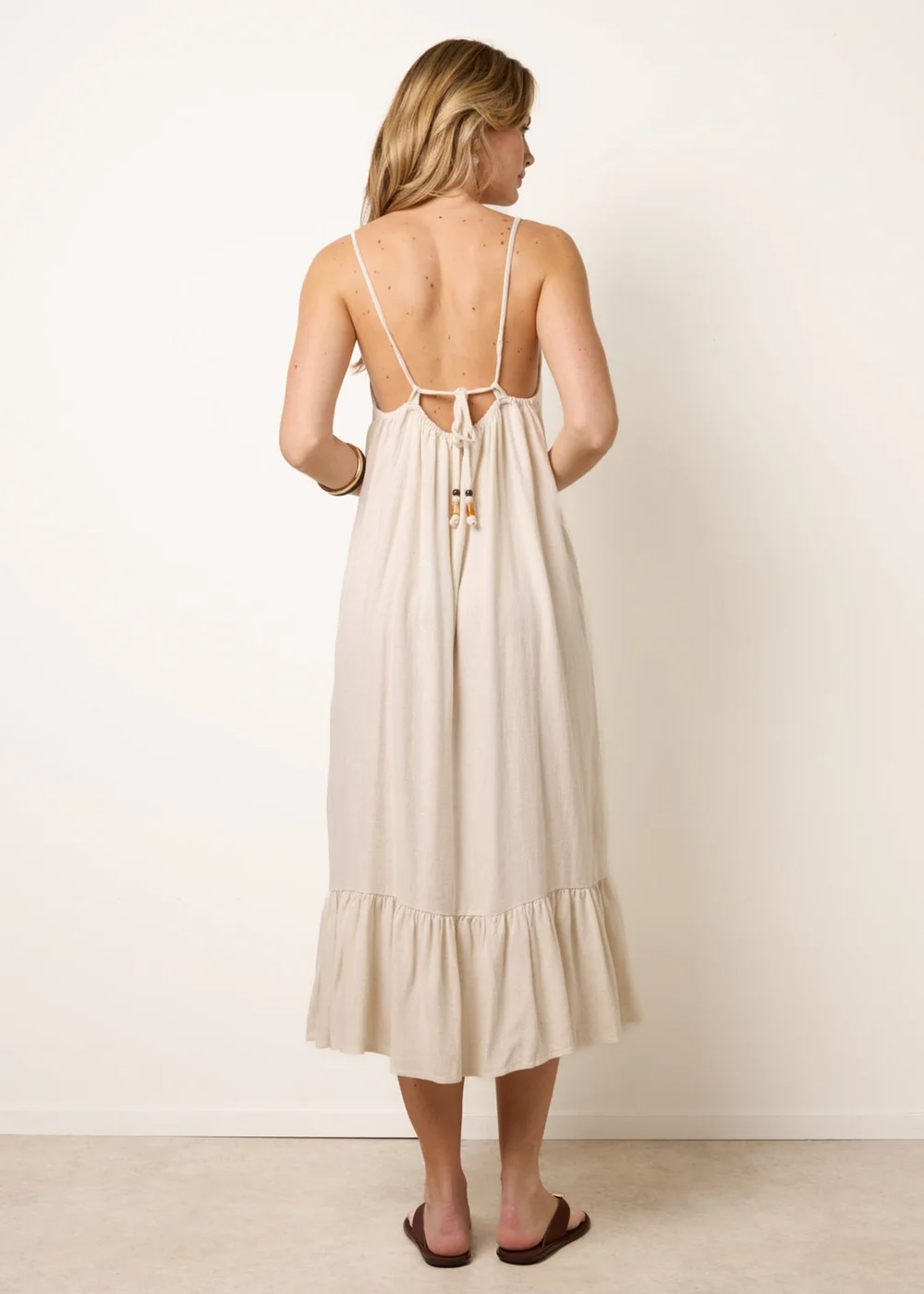 Blue Vanilla Cream Natural Textured Dress With Bead Details - One Size Image 4