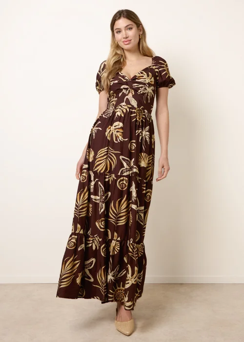 Blue Vanilla Brown Shell Knot Front Puff Sleeve Midi Dress - L Image 4