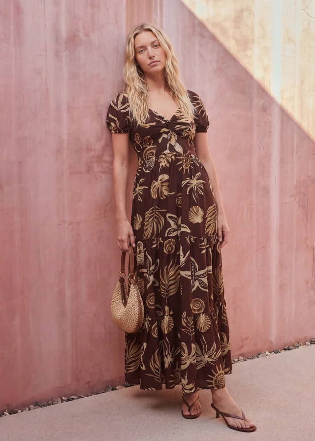 Blue Vanilla Brown Shell Knot Front Puff Sleeve Midi Dress