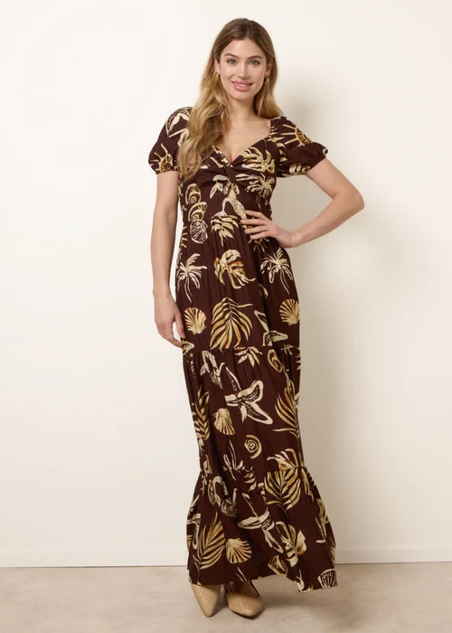 Blue Vanilla Brown Shell Knot Front Puff Sleeve Midi Dress - L Image 2