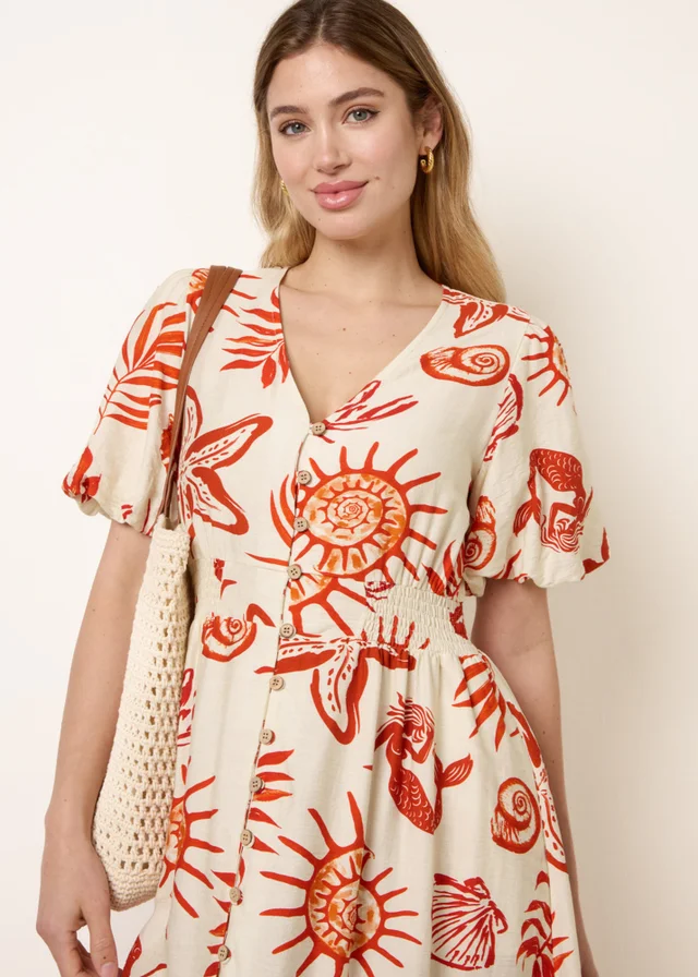 Blue Vanilla Orange Tropical Button Through Midi Dress