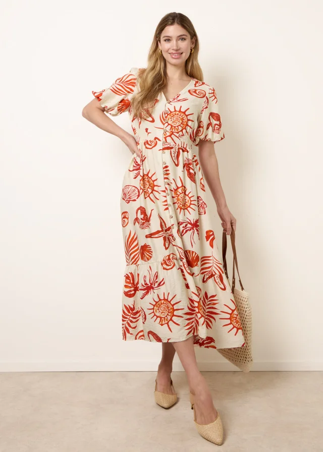 Blue Vanilla Orange Tropical Button Through Midi Dress