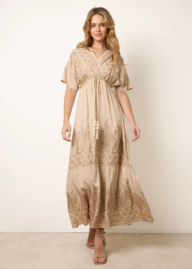 Blue Vanilla Beige Metallic Embroidered Maxi Dress