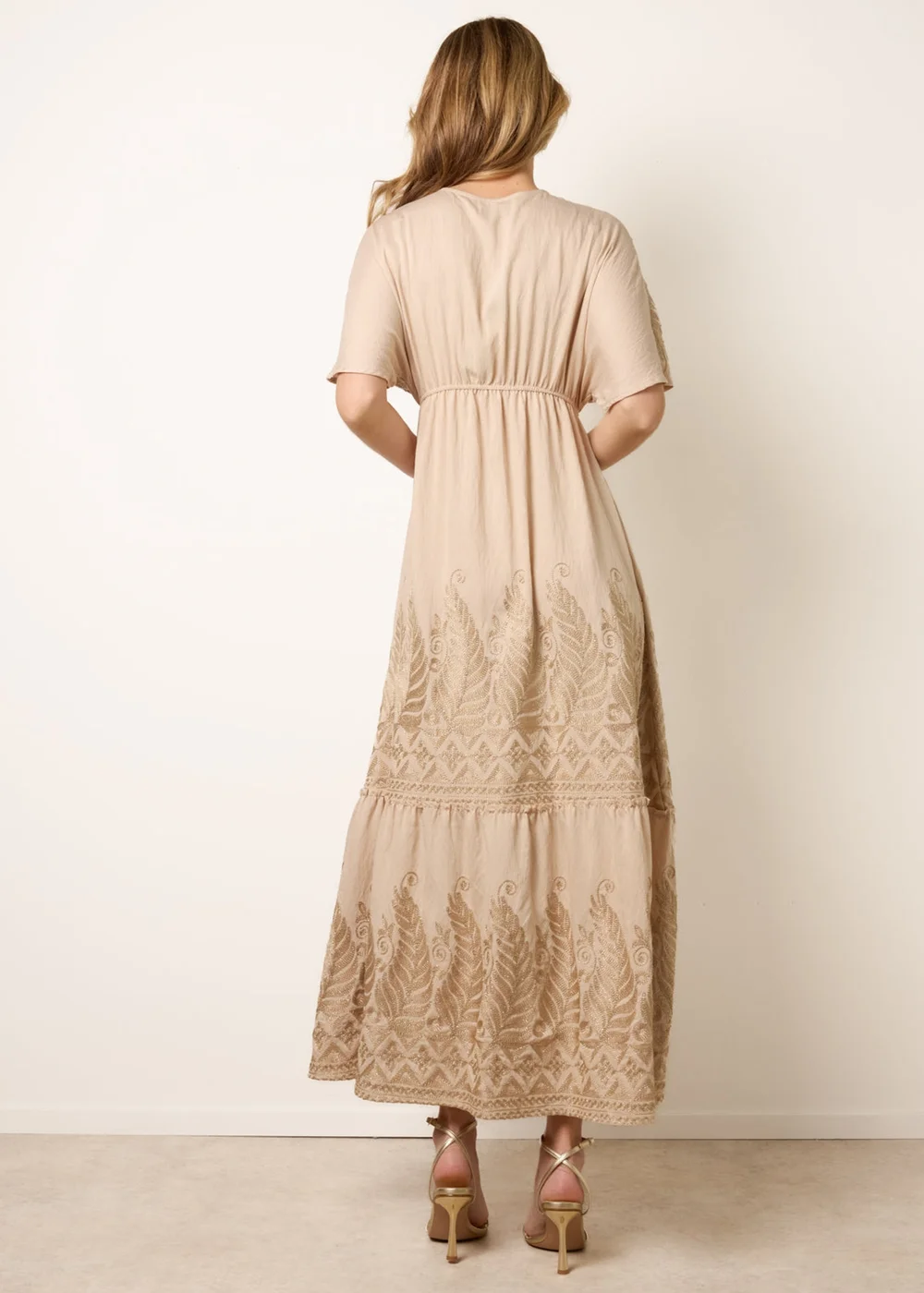 Blue Vanilla Beige Metallic Embroidered Maxi Dress - S/M Image 4