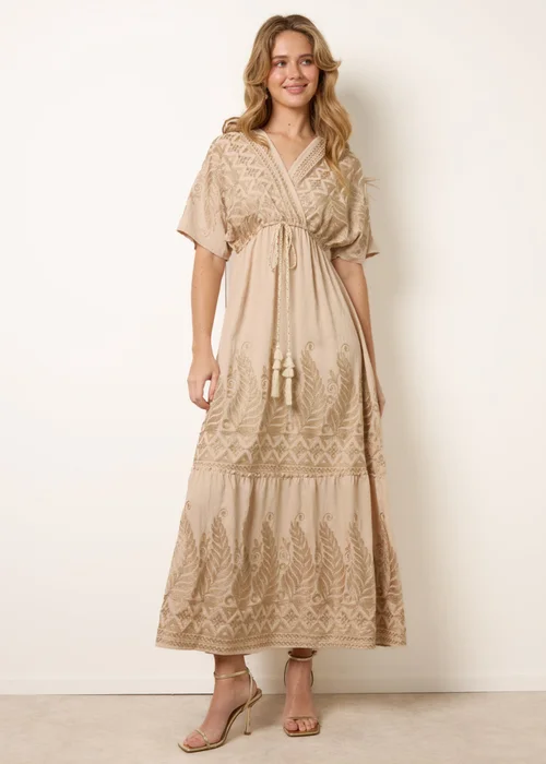 Blue Vanilla Beige Metallic Embroidered Maxi Dress - S/M Image 3