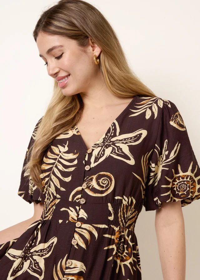 Blue Vanilla Brown Tropical Button Through Midi Dress