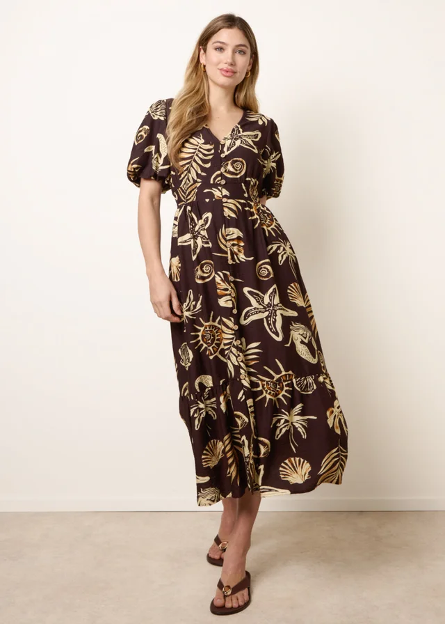 Blue Vanilla Brown Tropical Button Through Midi Dress