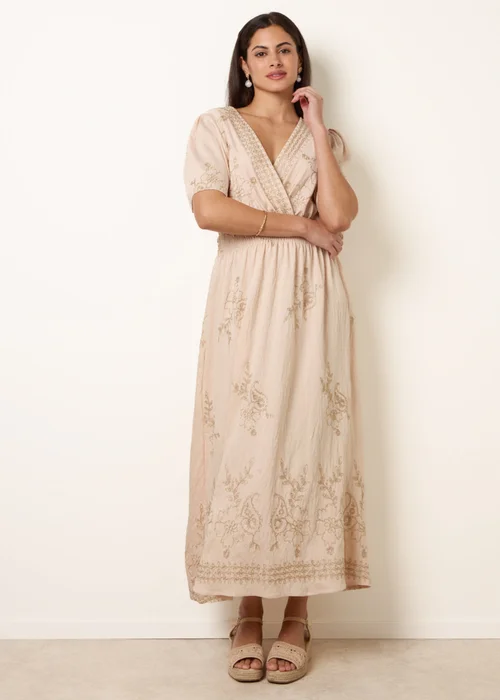 Blue Vanilla Stone Wrap Front Metallic Embroidery Floral Dress - S/M Image 1