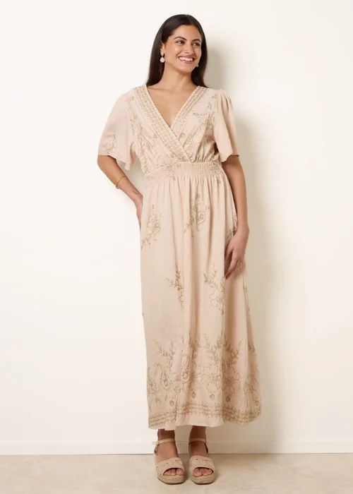 Blue Vanilla Stone Wrap Front Metallic Embroidery Floral Dress - S/M Image 3