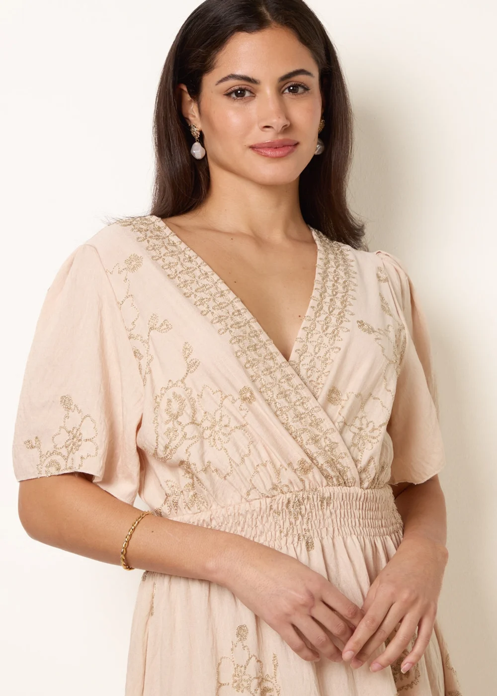 Blue Vanilla Stone Wrap Front Metallic Embroidery Floral Dress - S/M Image 2