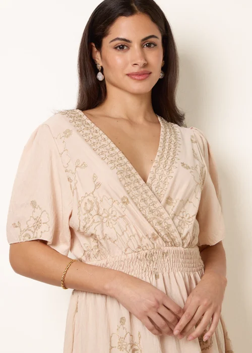 Blue Vanilla Stone Wrap Front Metallic Embroidery Floral Dress - S/M Image 2