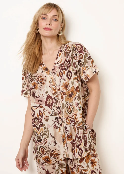 Blue Vanilla Brown Paisley V Neck Collarless Shirt - XL Image 1