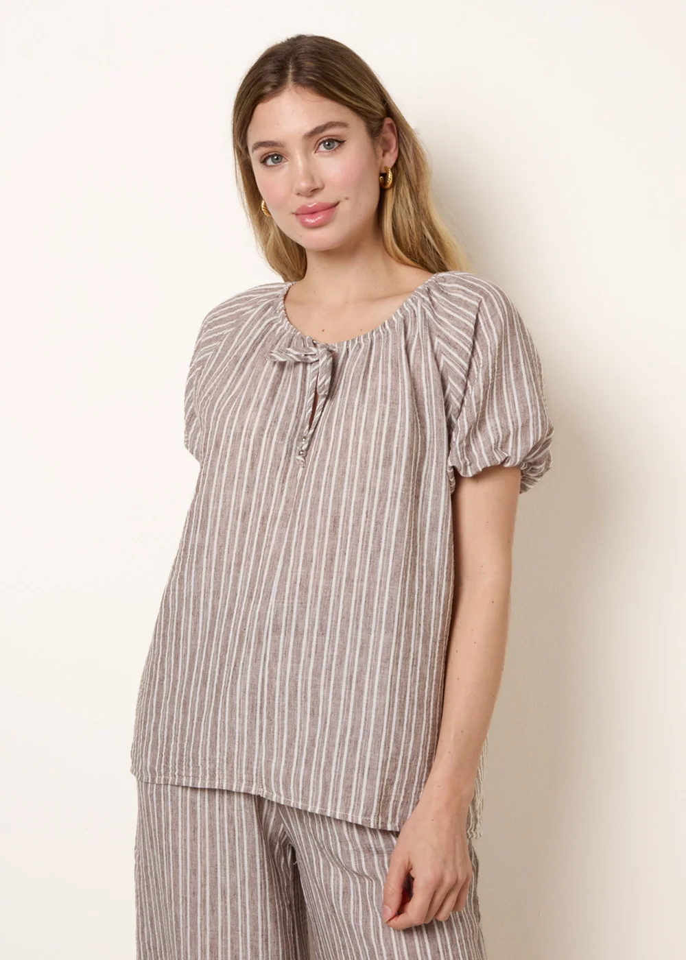 Blue Vanilla Brown Tie Front Stripe Blouse - S Image 1