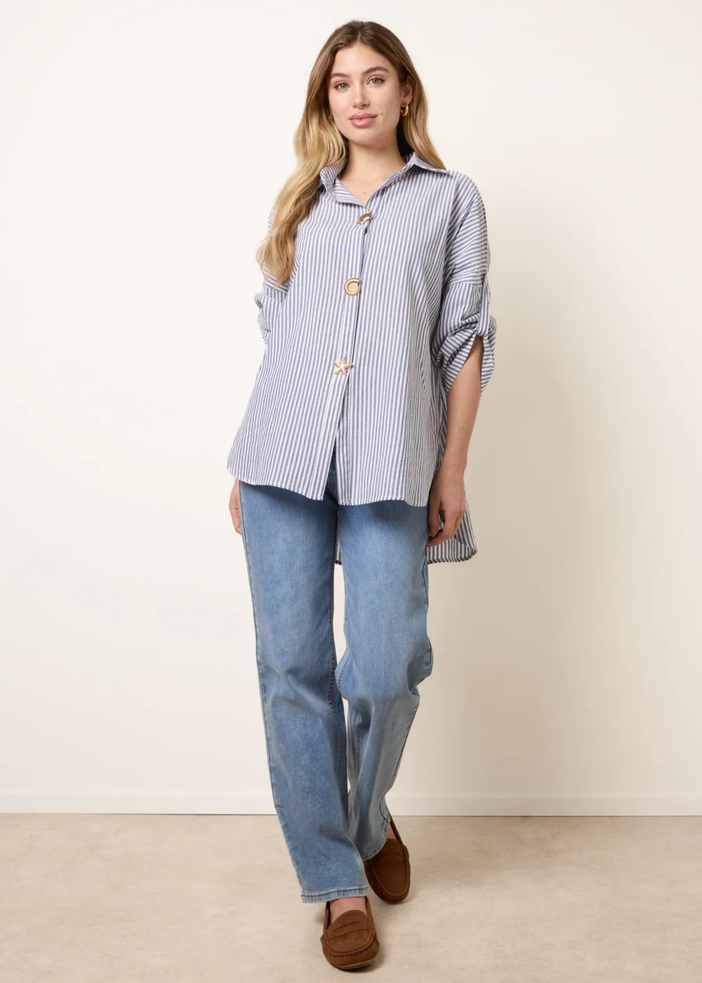 Blue Vanilla Blue Gold Shell Button Front Stripe Shirt - M/L Image 1