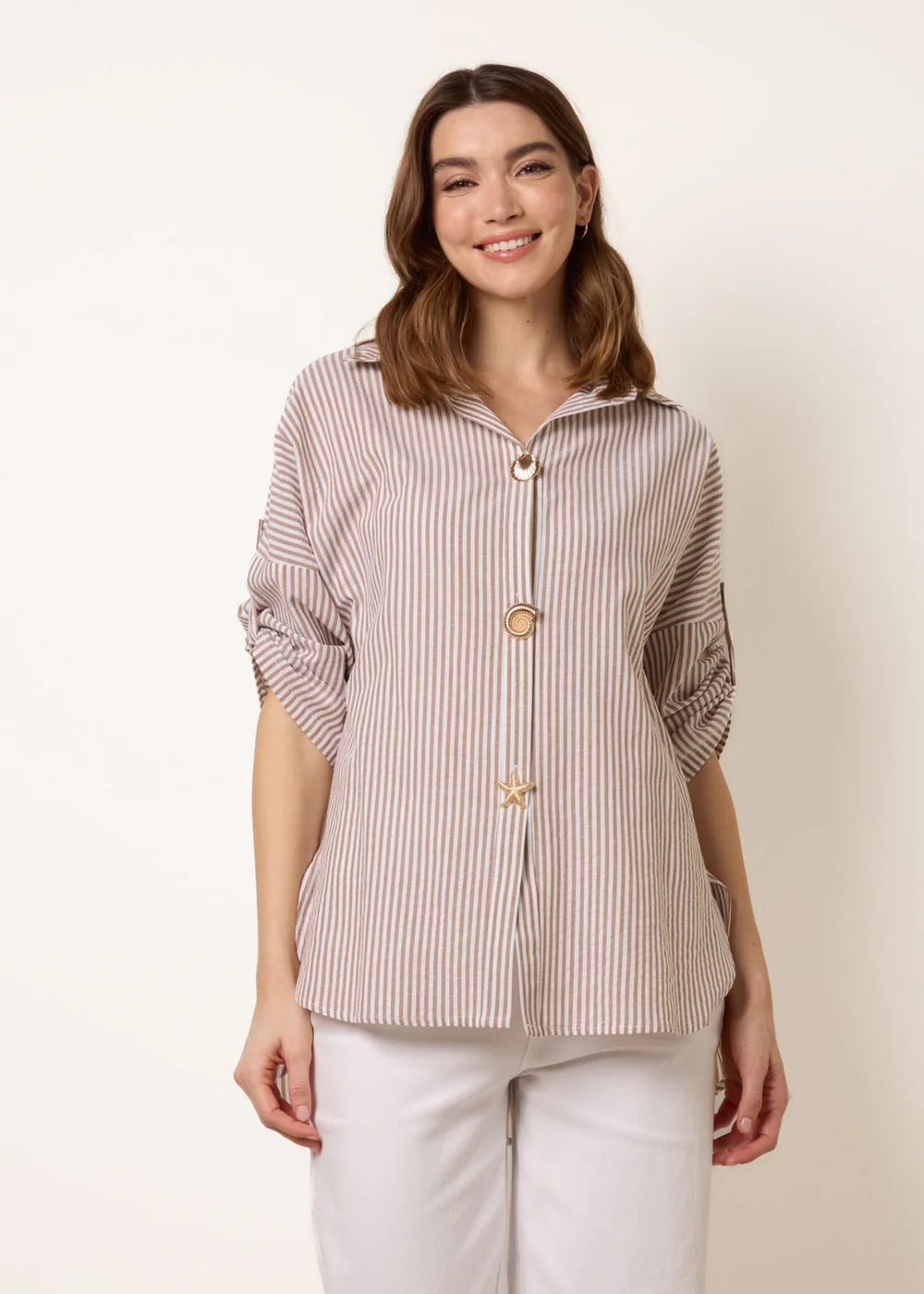 Blue Vanilla Taupe Gold Shell Button Front Stripe Shirt - M/L Image 1