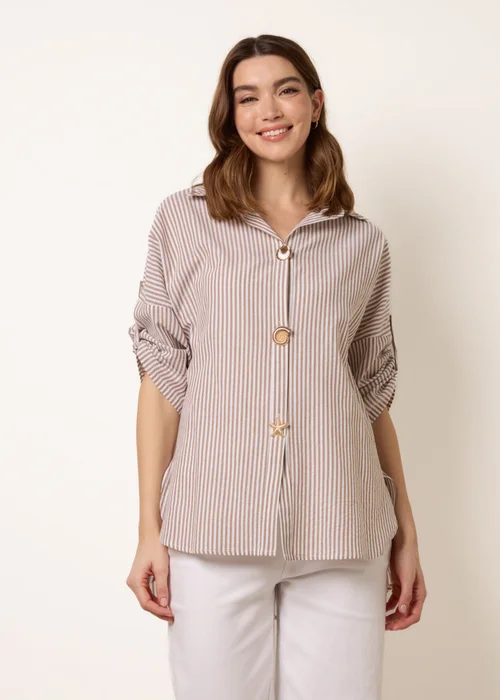 Blue Vanilla Taupe Gold Shell Button Front Stripe Shirt - M/L Image 1