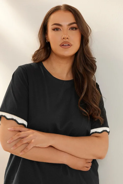 Yours Curve Black Metallic Crochet Trim T-Shirt - 14 Image 5