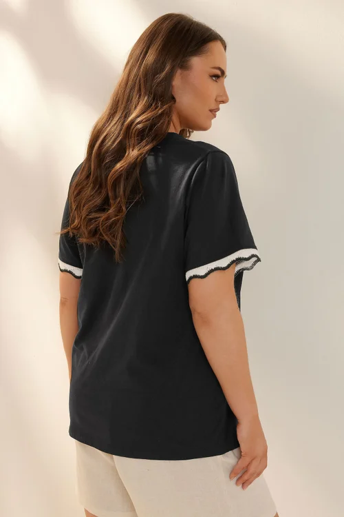 Yours Curve Black Metallic Crochet Trim T-Shirt - 14 Image 4