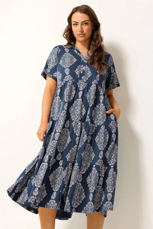 Yours Curve Navy Blue Paisley Tiered Maxi Dress - 18 Image 1