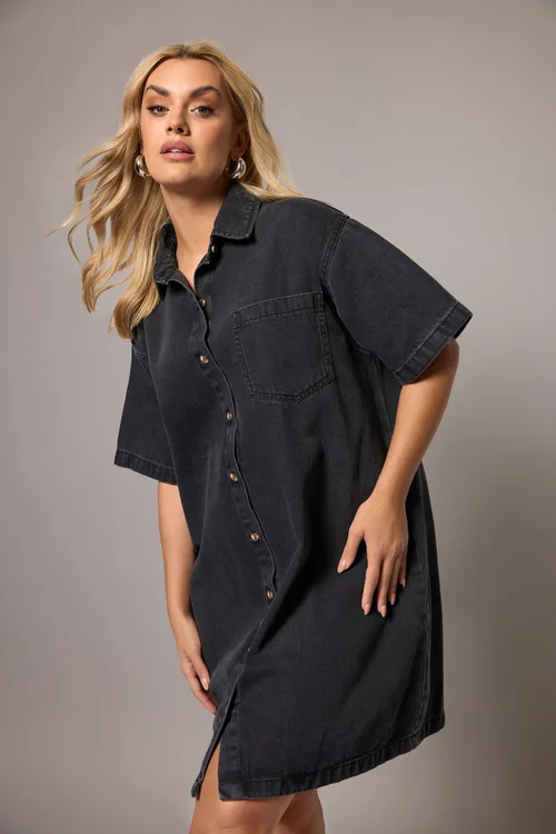 Yours Curve Black Washed Denim Shirt Dress - 22-24 Image 1