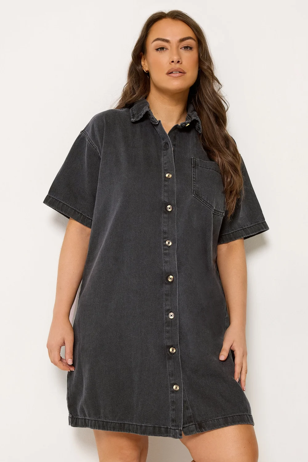 Yours Curve Black Washed Denim Shirt Dress - 22-24 Image 2