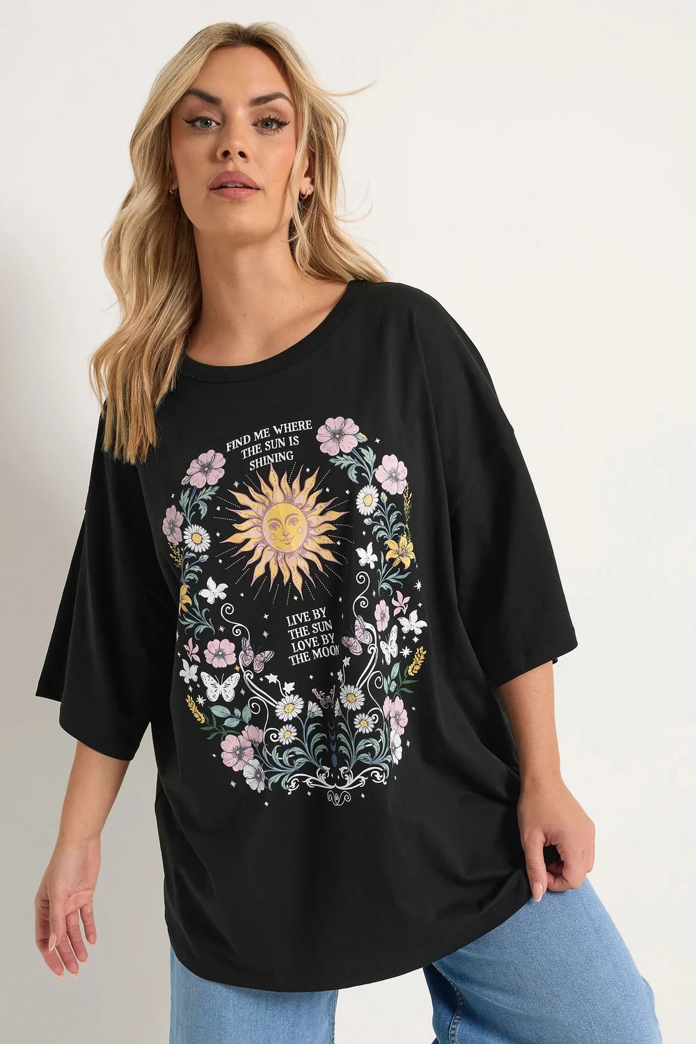 Yours Curve Black Floral & Sun Graphic Boxy T-Shirt - 22-24 Image 1