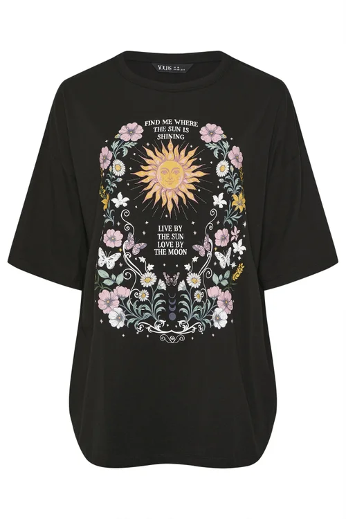 Yours Curve Black Floral & Sun Graphic Boxy T-Shirt - 22-24 Image 5