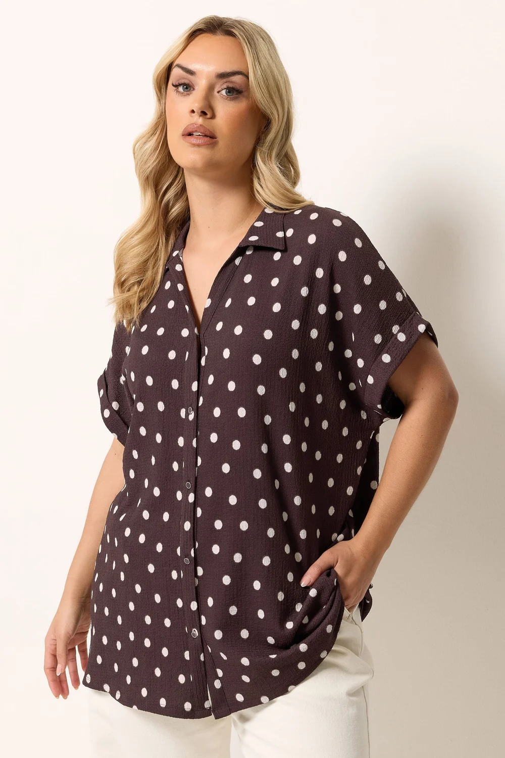 Yours Curve Chocolate Brown Polka Dot Shirt - 26-28 Image 1
