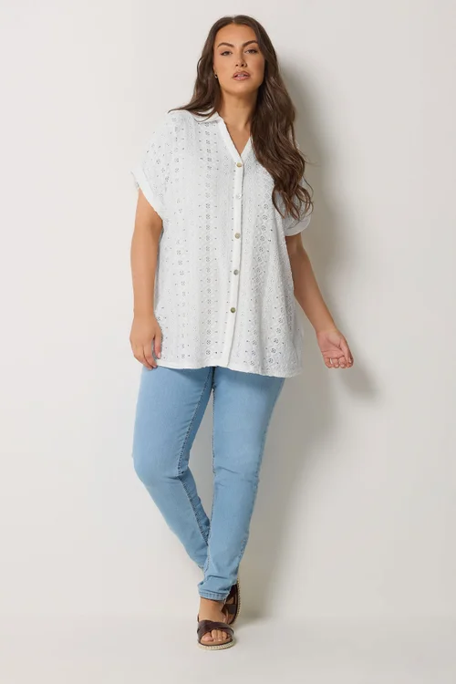 Yours Curve White Broderie Anglaise Grown On Sleeve Shirt - 34-36 Image 3