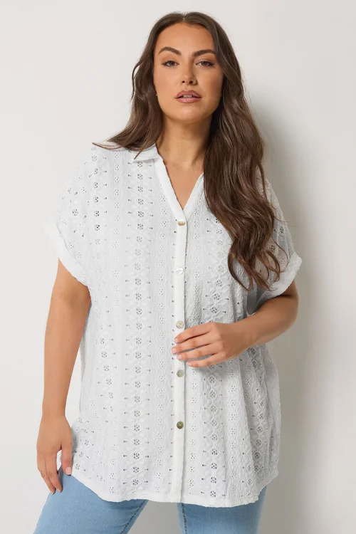 Yours Curve White Broderie Anglaise Grown On Sleeve Shirt - 34-36 Image 1