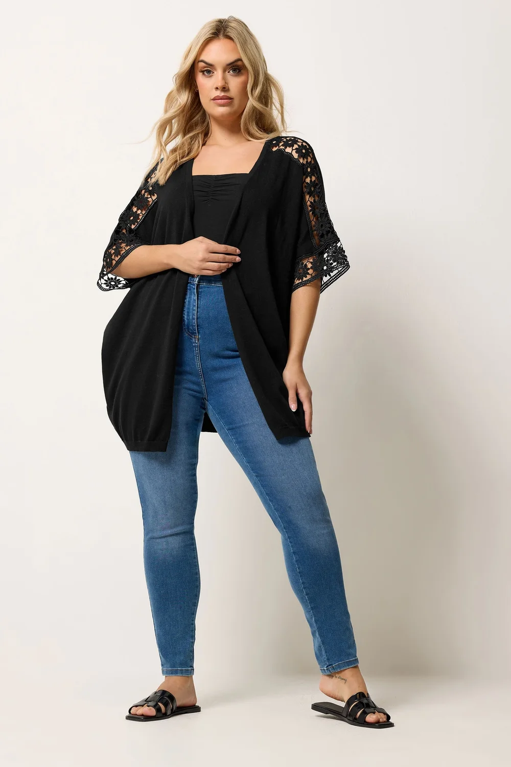 Yours Curve Black Crochet Sleeve Kimono - 14-16 Image 2