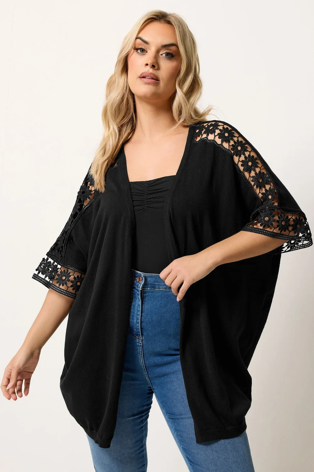 Yours Curve Black Crochet Sleeve Kimono - 14-16 Image 1