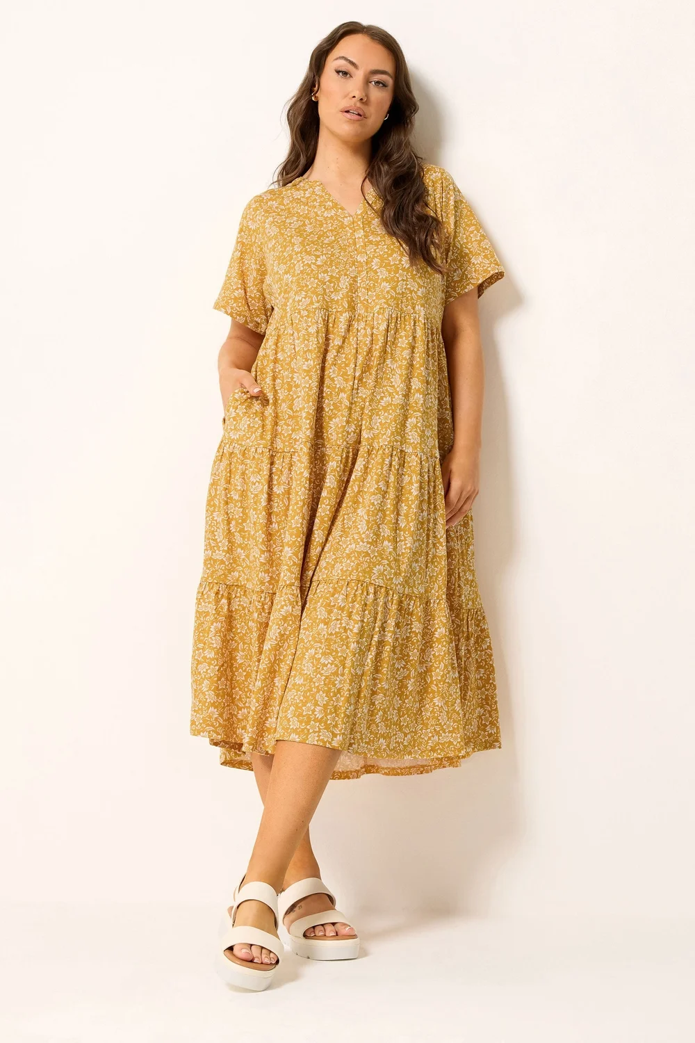 Yours Curve Gold Floral Tiered Midi Dress - 14 Yours Curve Gold Floral Tiered Midi Dress - 14