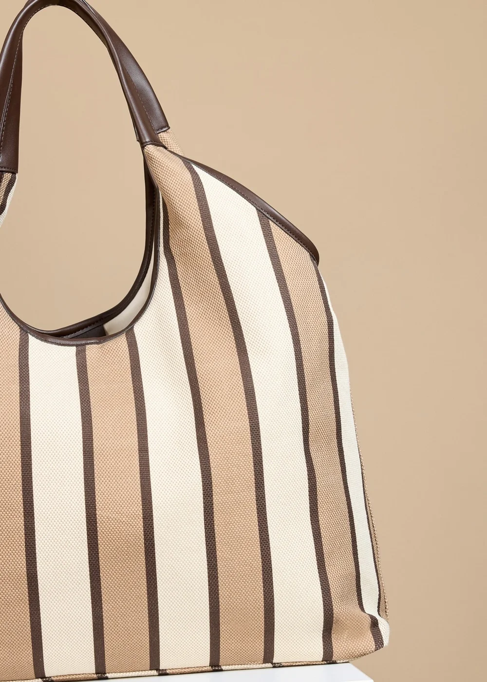 Little Mistress Camel & Cream Stripe Fabric Oversized Shopper Bag - One Size Image 2