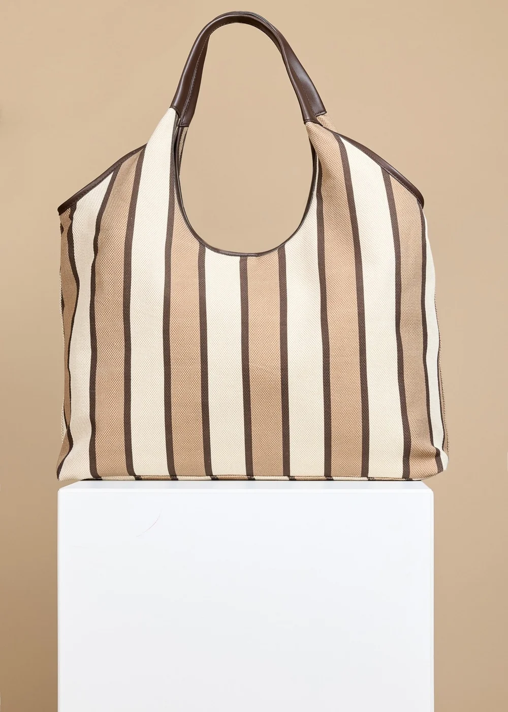 Little Mistress Camel & Cream Stripe Fabric Oversized Shopper Bag - One Size Image 1