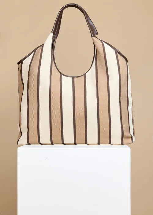 Little Mistress Camel & Cream Stripe Fabric Oversized Shopper Bag - One Size Image 1