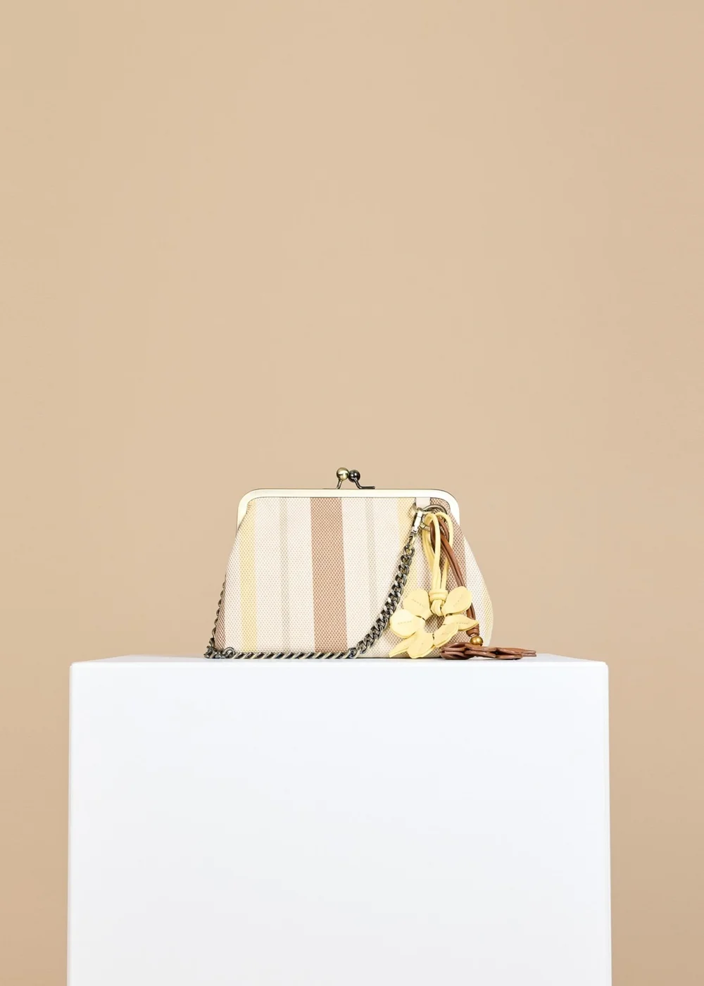 Little Mistress Mocha Lemon Stripe Metal Frame Shoulder Bag - One Size Image 1
