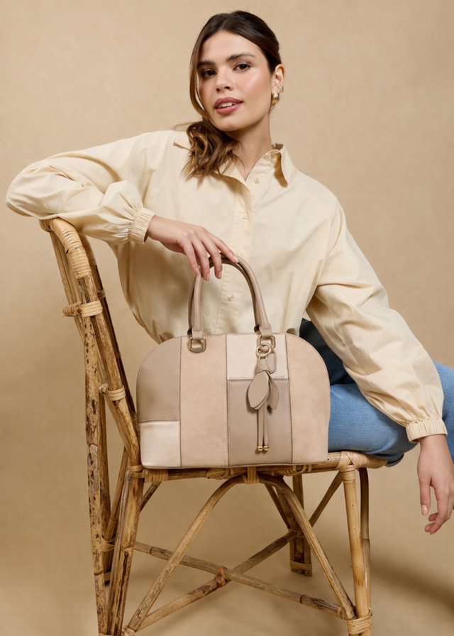 Little Mistress Beige Faux Leather & Suede Patchwork Midi Tote