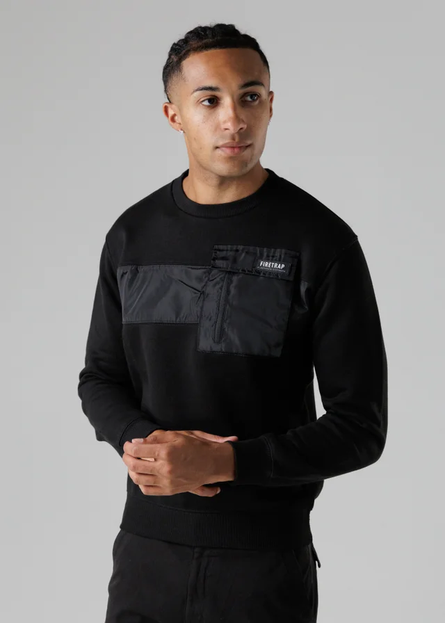 Firetrap Black Regular Fit Cotton Rich Crew Neck Sweatshirt With Chest Pocket