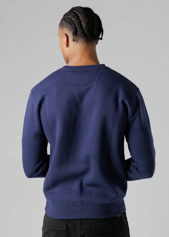 Firetrap Dark Blue Regular Fit Cotton Rich Crew Neck Sweatshirt With Chest Pocket