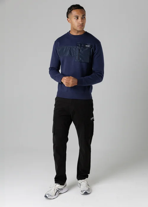 Firetrap Dark Blue Regular Fit Cotton Rich Crew Neck Sweatshirt With Chest Pocket - S Image 4