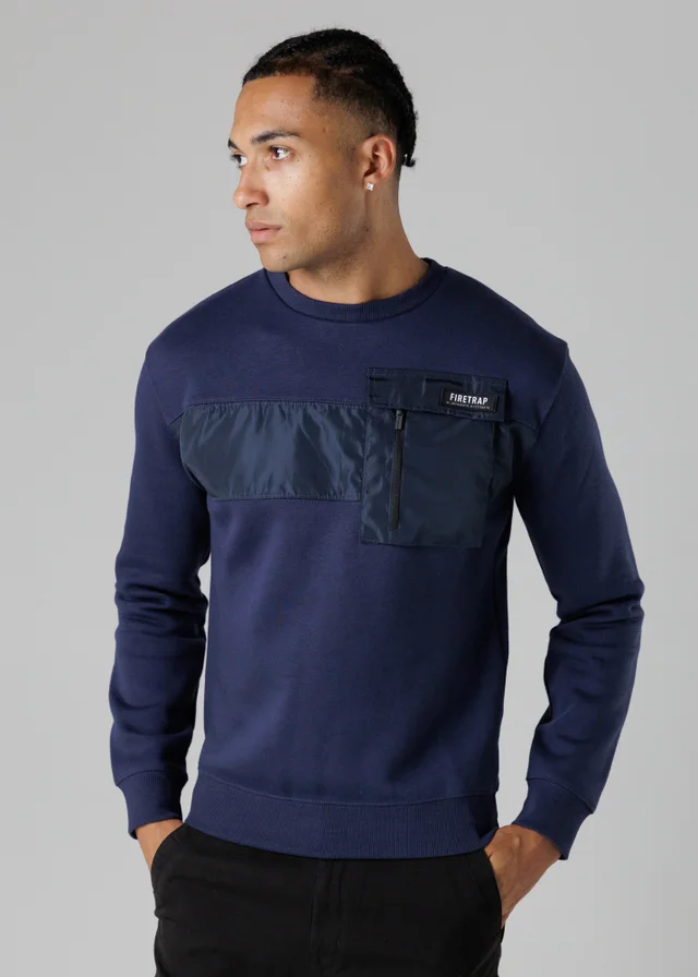 Firetrap Dark Blue Regular Fit Cotton Rich Crew Neck Sweatshirt With Chest Pocket