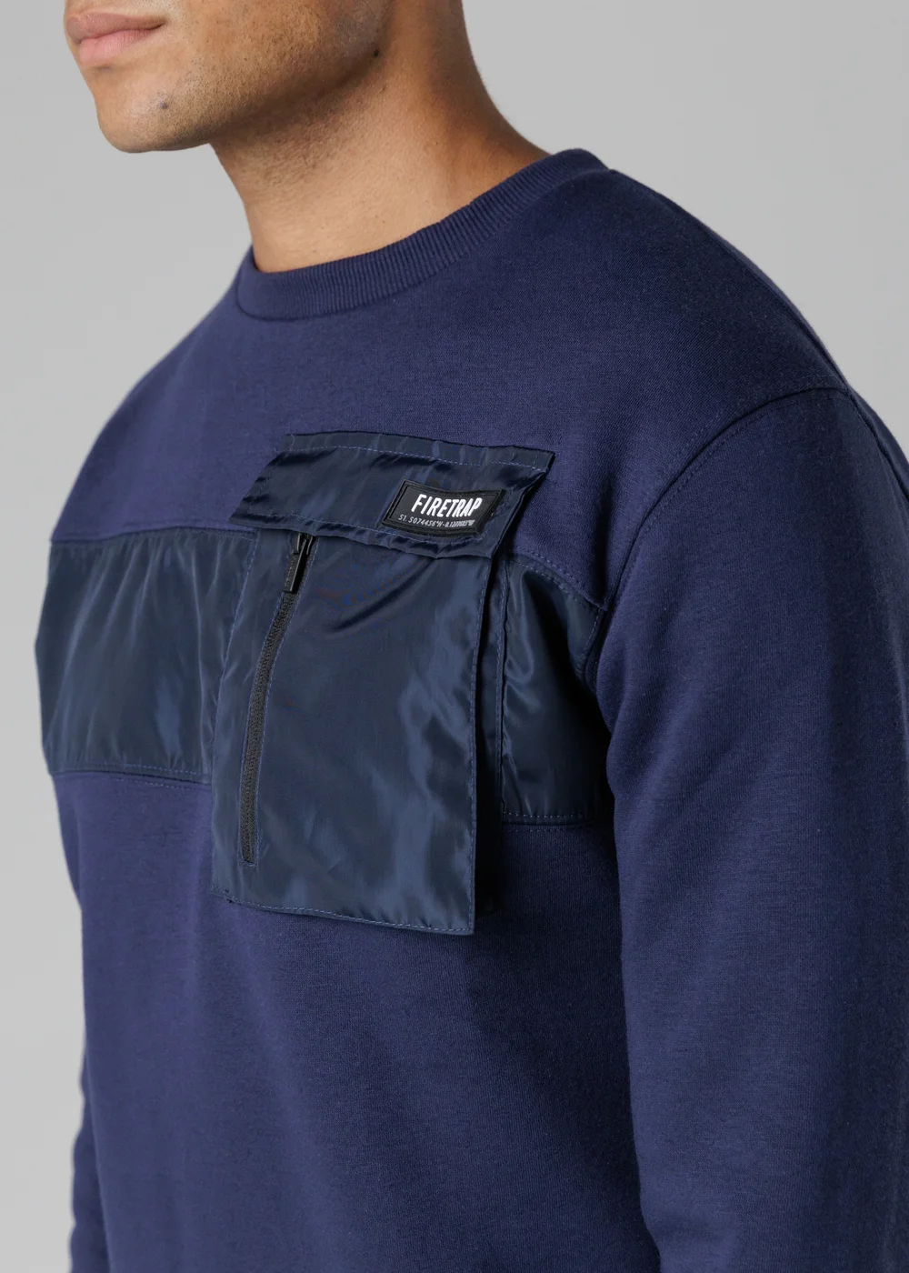 Firetrap Dark Blue Regular Fit Cotton Rich Crew Neck Sweatshirt With Chest Pocket - S Image 3