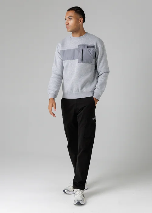 Firetrap Light Grey Regular Fit Cotton Rich Crew Neck Sweatshirt With Chest Pocket - S Image 4