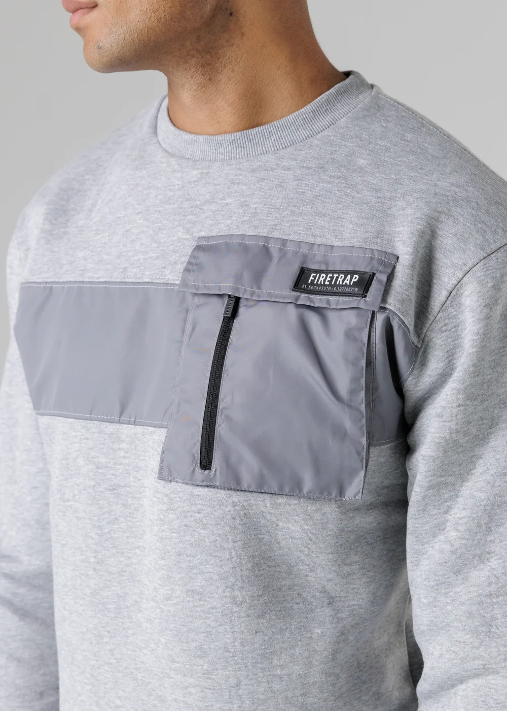 Firetrap Light Grey Regular Fit Cotton Rich Crew Neck Sweatshirt With Chest Pocket - S Image 3